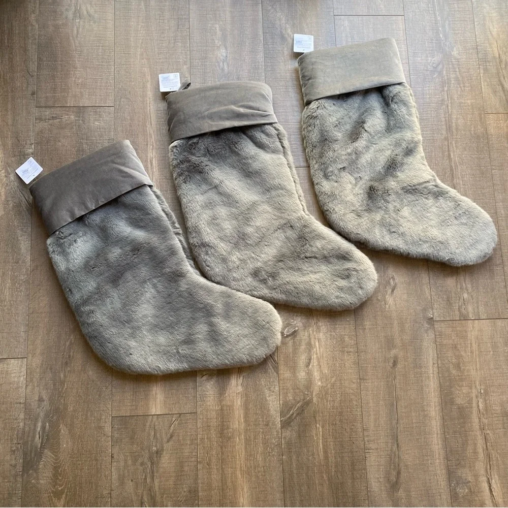 NWT Pottery Barn Faux Fur Christmas Stocking, Large, Nickel Gray